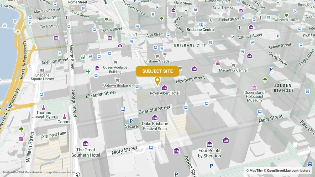Brisbane CBD in 3D with a gold subject-site pin, styled from a green and gold palette