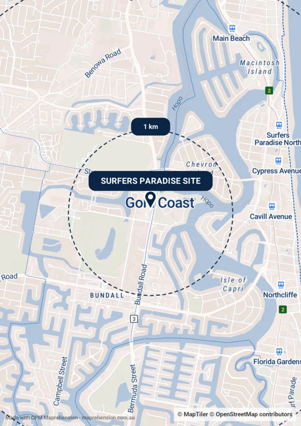 An A4 portrait map of Surfers Paradise styled in navy and orange with radius rings
