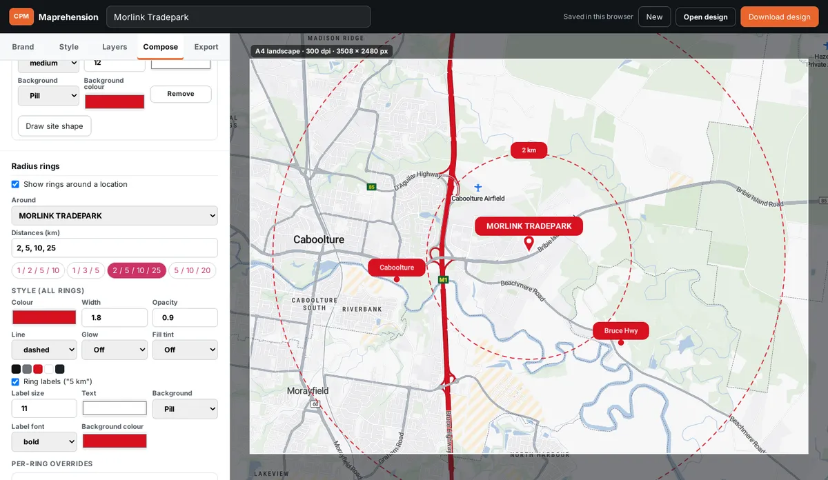 The map studio with a branded map, a site pin, nearby places and radius rings