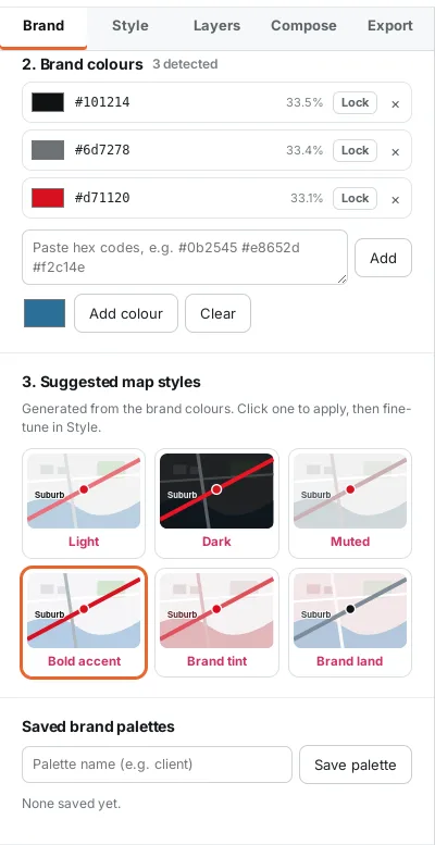 Six suggested map styles generated from a brand palette